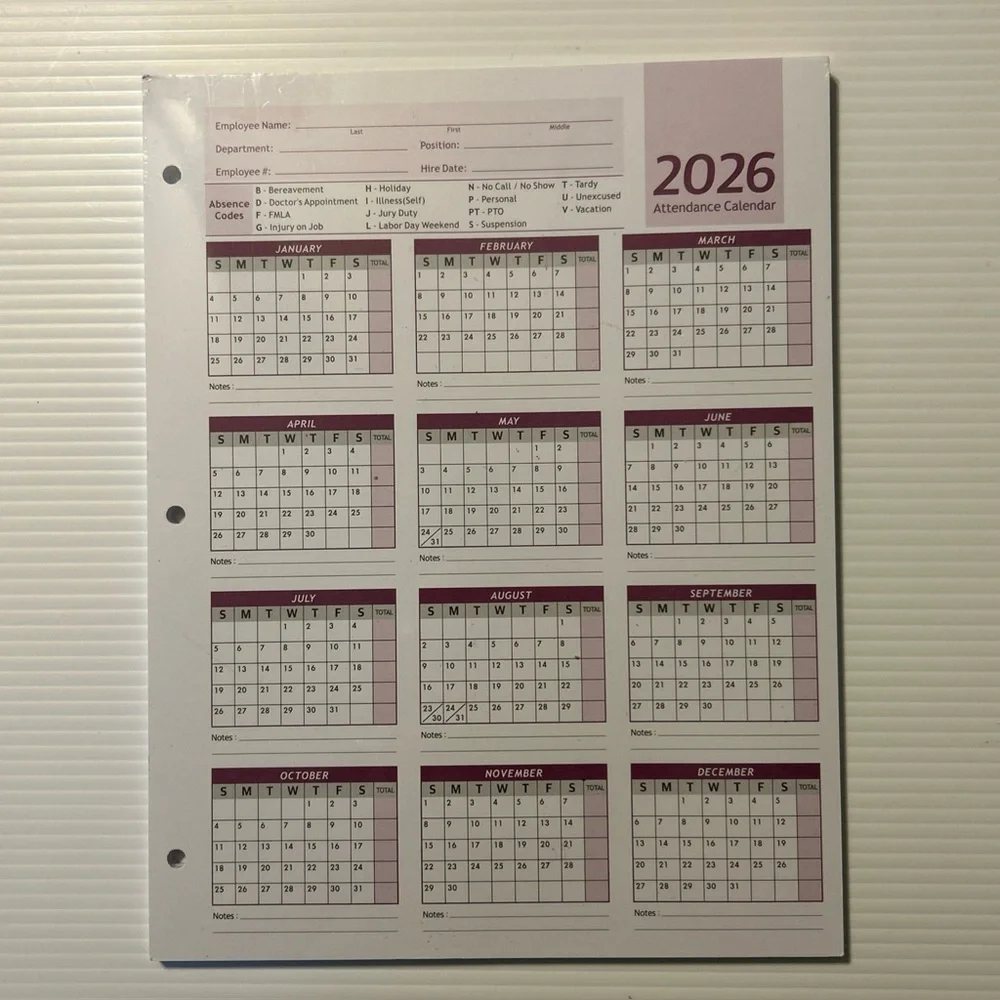 2026 Attendance Calendar Cards Record Tracker Employee (Pack of 25) 8.5 x 11 NEW